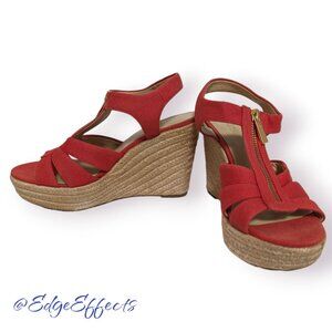 Michael Kors 7M Berkley Wedge Orange Red T-Strap Espadrilles